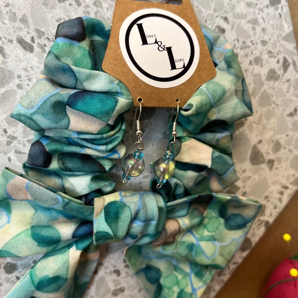 Original Fabric Design Sea Glass Bow Scrunchie with Matching Earrings - Picture 4 of 10